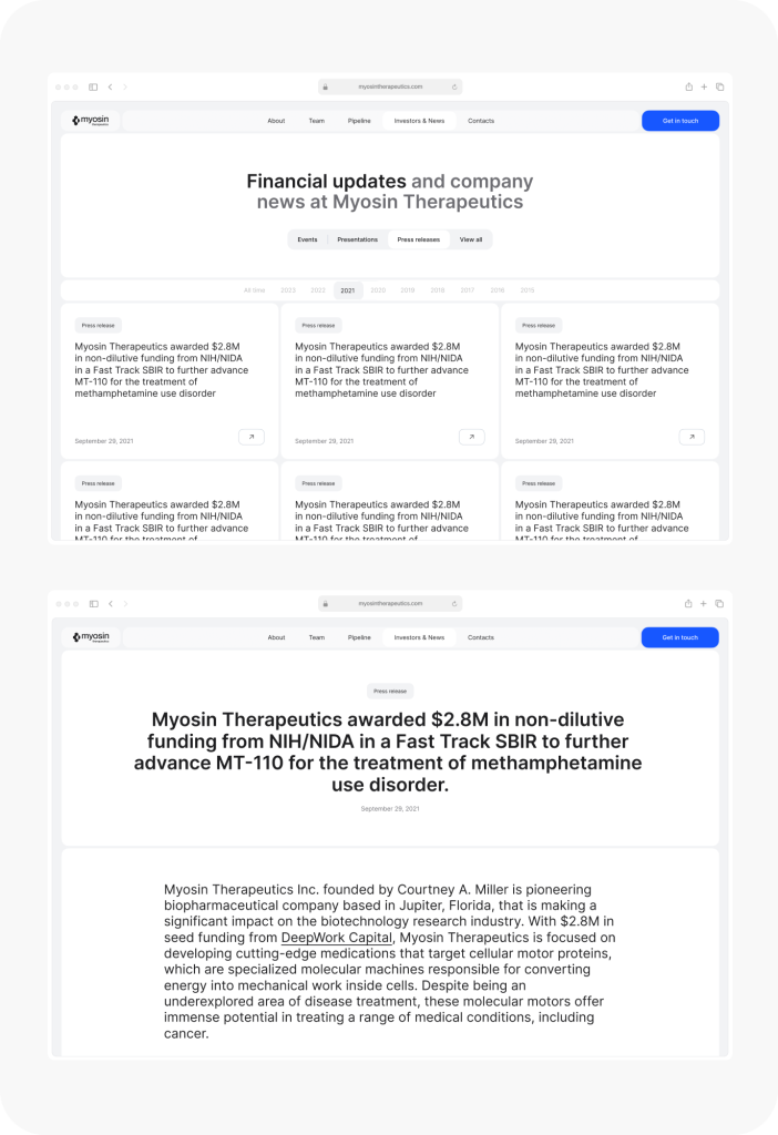 Website showing news about Myosin Therapeutics receiving $2.8M funding from NIH/NIDA for advancing MT-110 to treat methamphetamine use disorder.