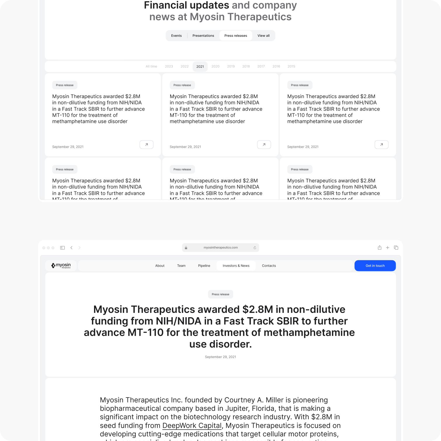 Website showing news about Myosin Therapeutics receiving $2.8M funding from NIH/NIDA for advancing MT-110 to treat methamphetamine use disorder.