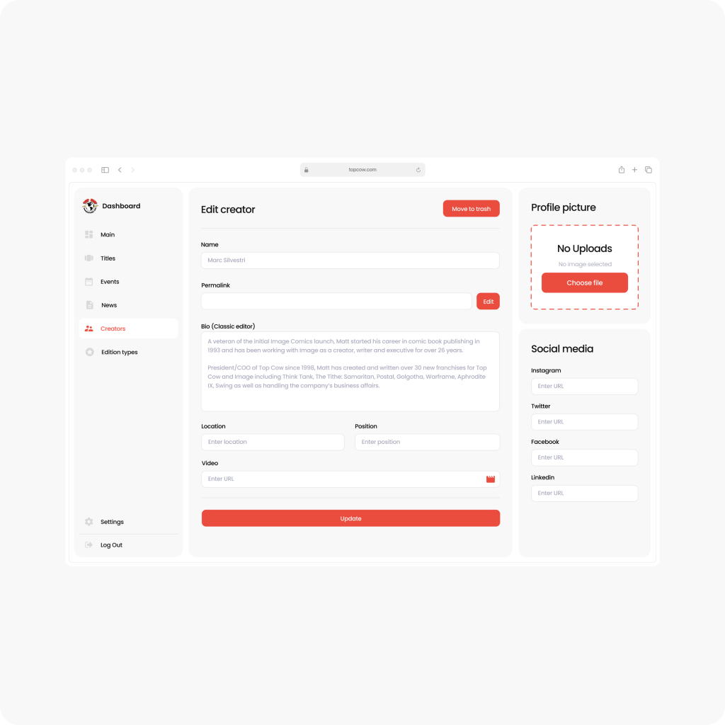 A user interface screen showing a creator editing dashboard with sections for profile picture, social media links, and personal details like name, location, and position.