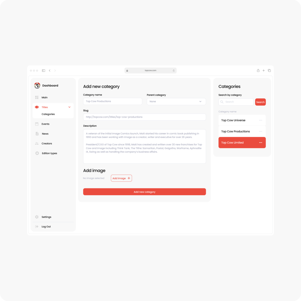 A dashboard interface showing a form for adding a new category, including fields for name, parent category, and description, with options to add an image and a category list on the right.