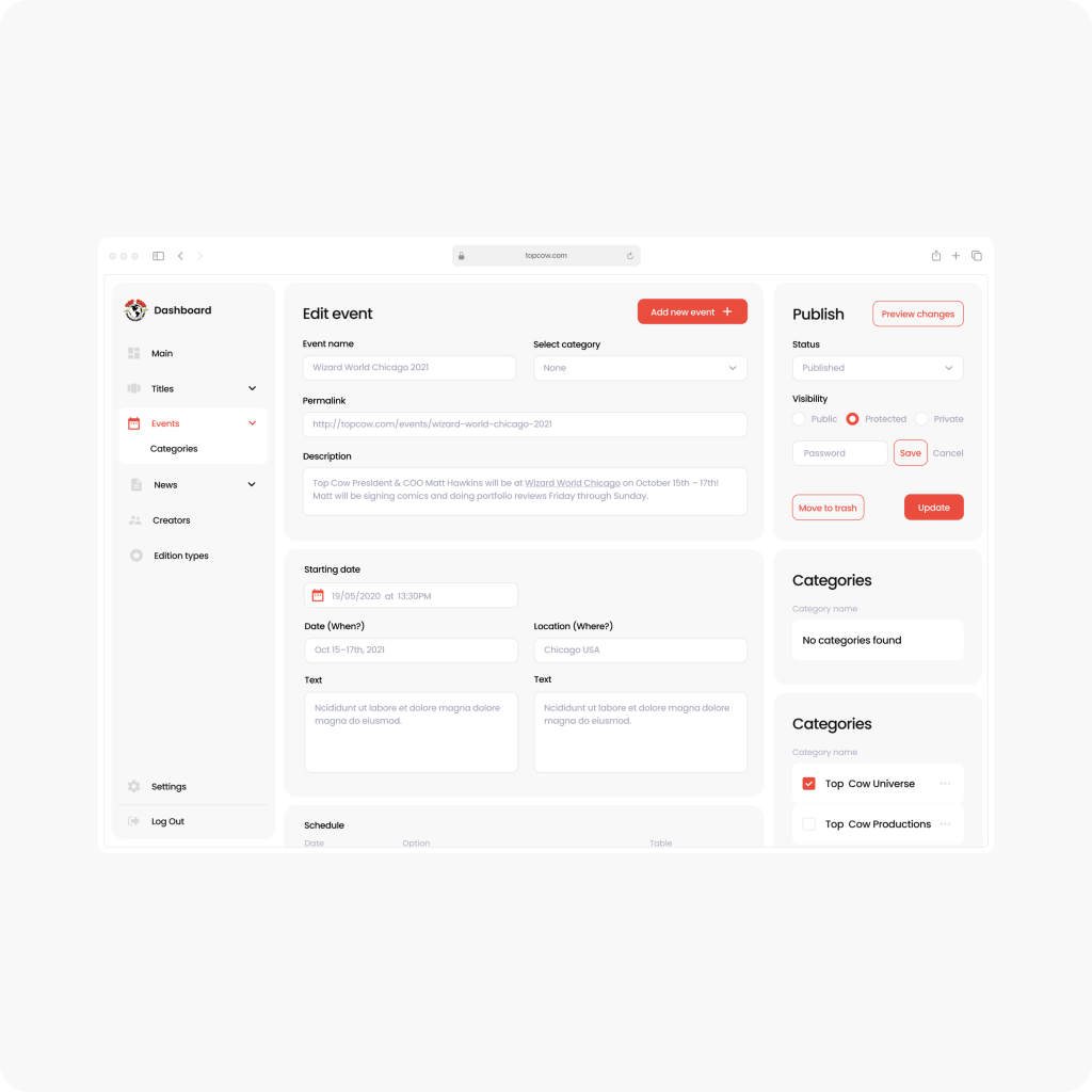 An event editing interface displaying form fields for event title, category, permalink, description, date, time, location, and options for publishing or canceling changes.