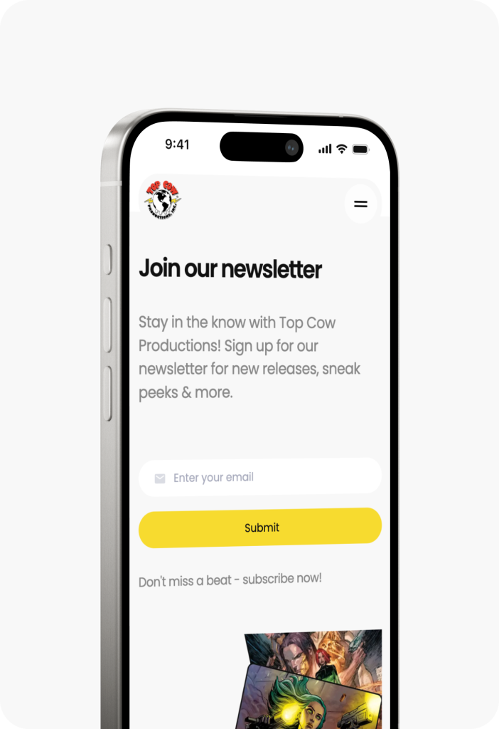 Smartphone displaying a newsletter sign-up page for Top Cow Productions, featuring fields for email entry and a yellow submit button.