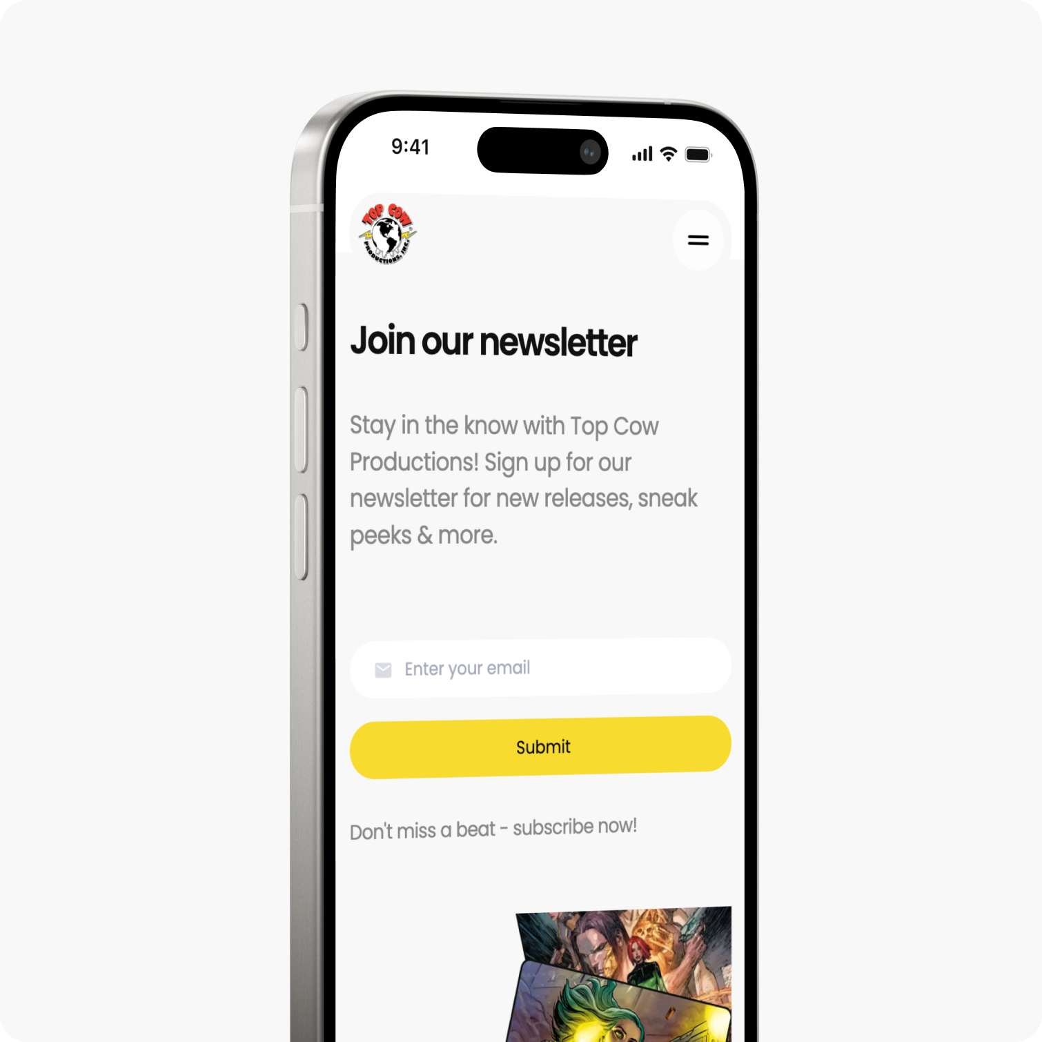 Smartphone displaying a newsletter sign-up page for Top Cow Productions, featuring fields for email entry and a yellow submit button.