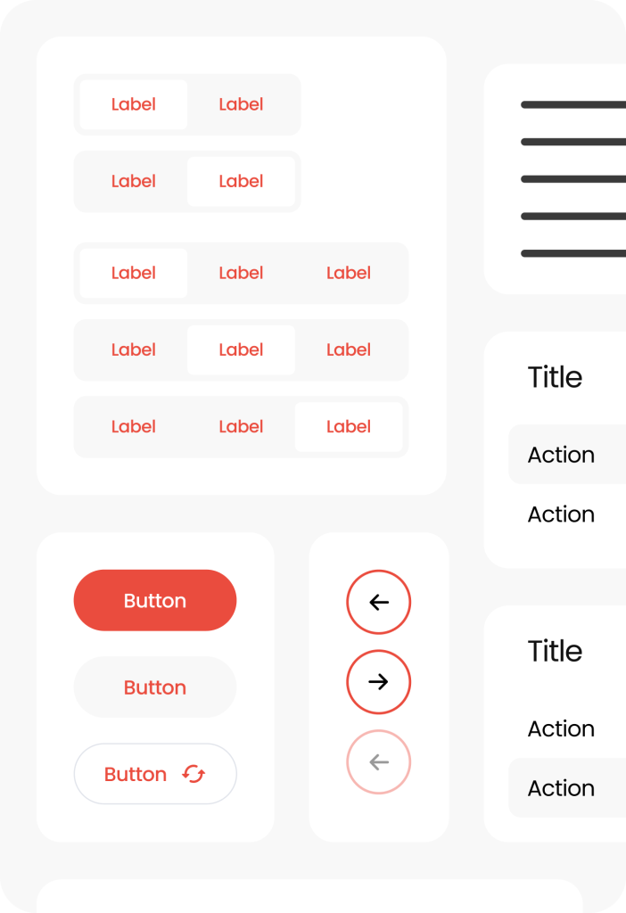 UI components mockup featuring buttons, labels, arrows, and action text in a minimalistic design with red accents.