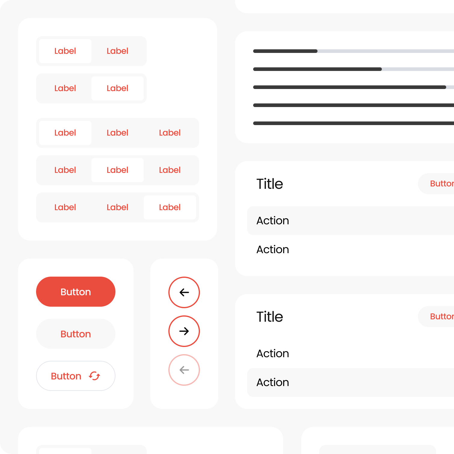 UI components mockup featuring buttons, labels, arrows, and action text in a minimalistic design with red accents.