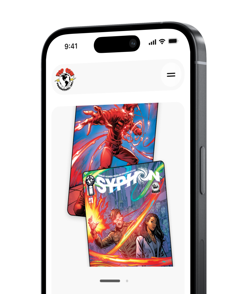 Smartphone displaying comic book covers from Top Cow Productions featuring dynamic illustrations and the title Syphon.