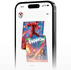 Smartphone displaying comic book covers from Top Cow Productions featuring dynamic illustrations and the title Syphon.