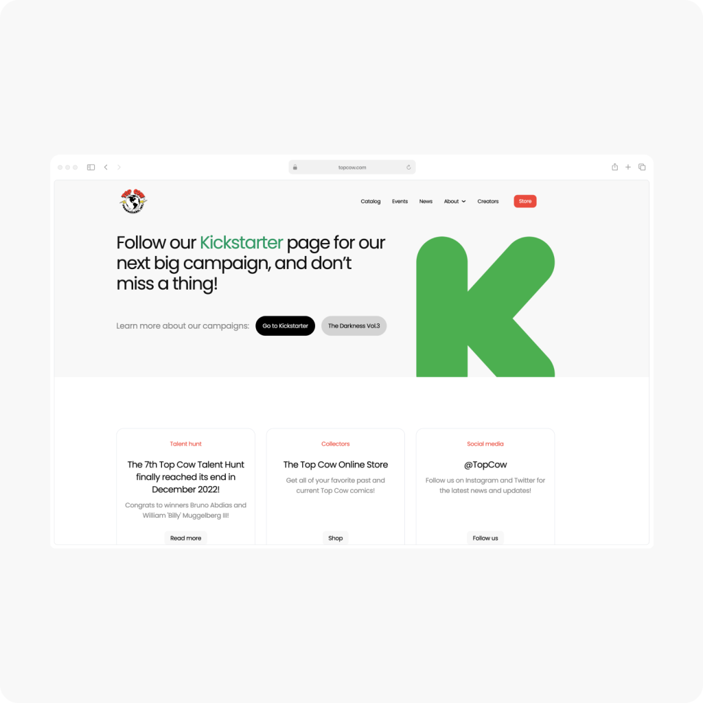 Webpage displaying a Kickstarter promotion with a large green K and links to various campaigns, talent hunt, online store, and social media.