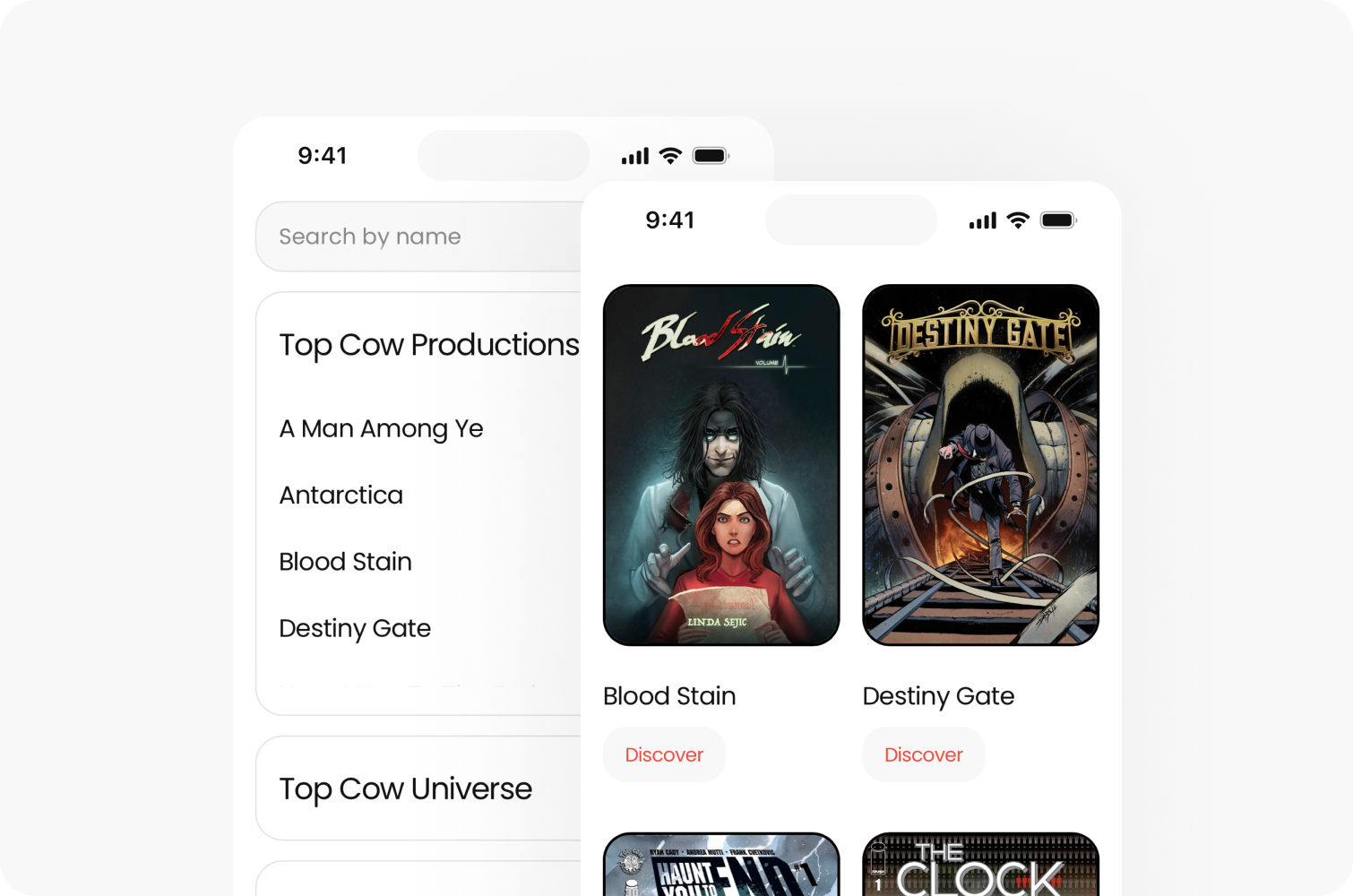 A mobile app displaying comic covers: Blood Stain with two characters and Destiny Gate with a portal. A search bar and list of titles are visible.