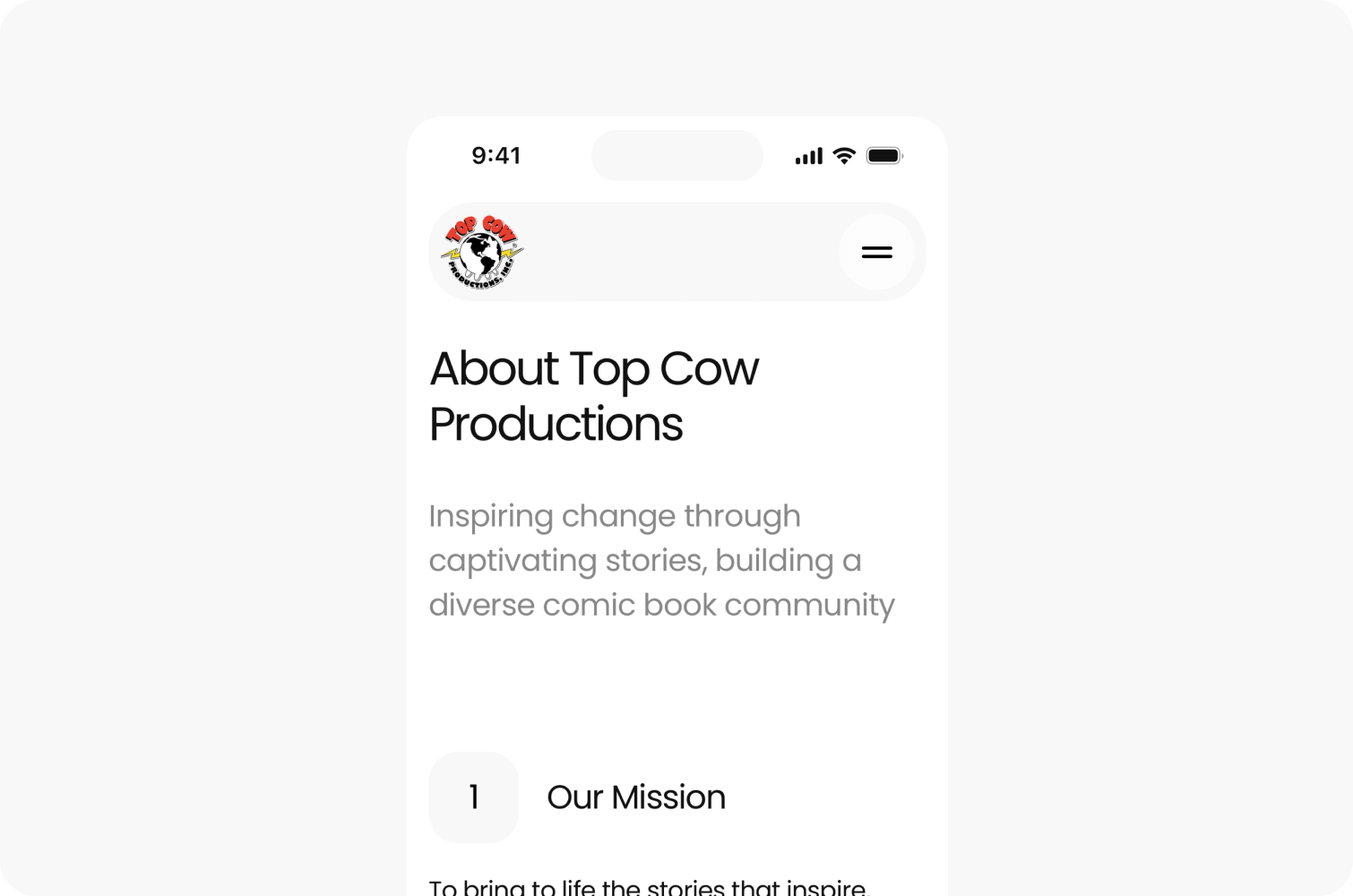 Mobile screen showing Top Cow Productions website, with text about its mission and vision to inspire change through storytelling and build a diverse comic book community.