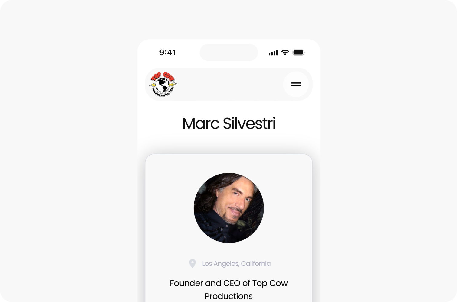 Mobile screen showing a profile for Marc Silvestri, founder and CEO of Top Cow Productions, based in Los Angeles, California.