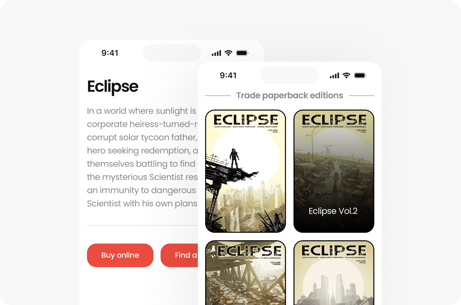 Two mobile screens displaying a book titled Eclipse. The left screen shows a summary with buttons to buy or find a store, and the right screen showcases four paperback editions.