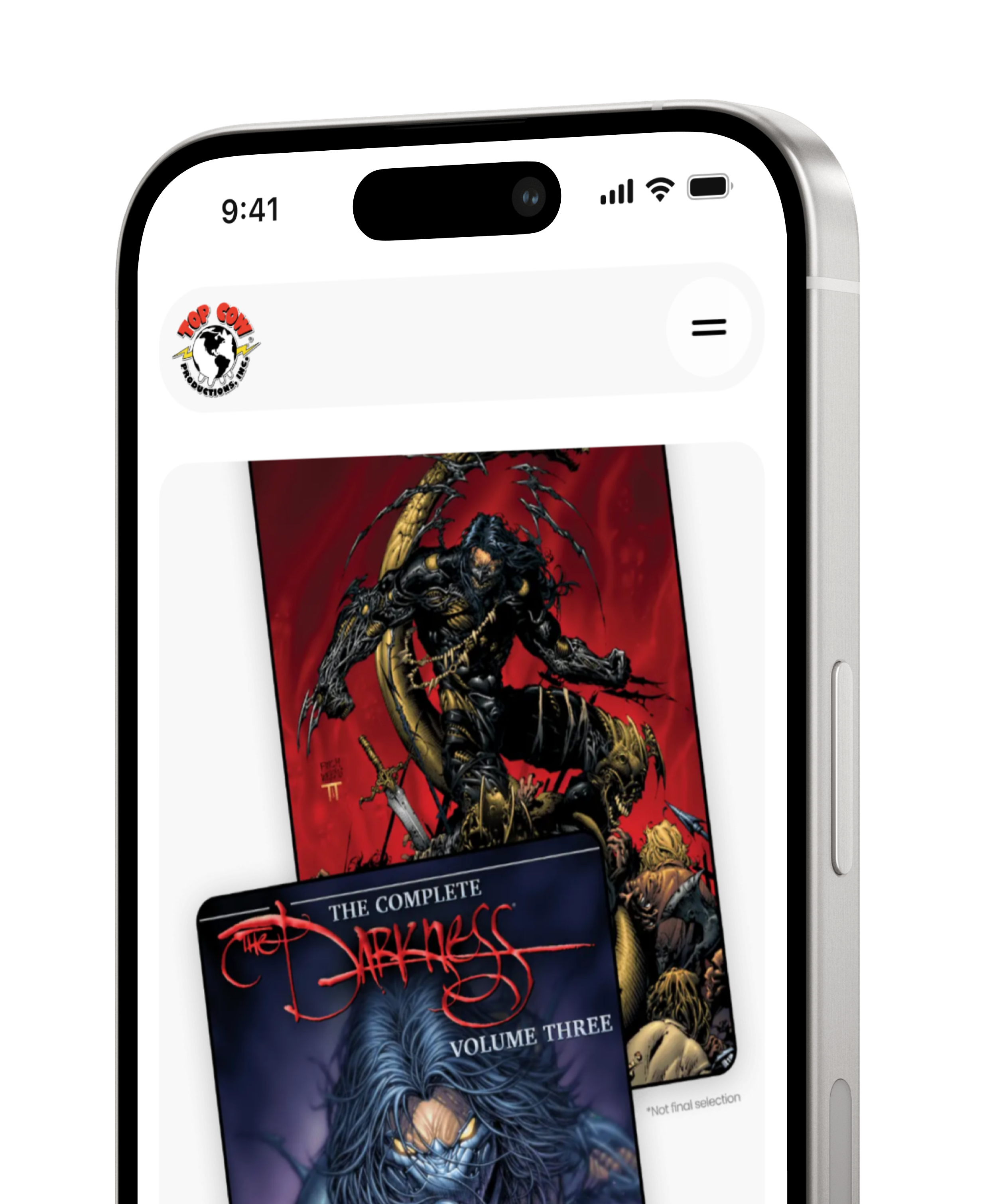 Smartphone displaying comic book covers, including The Complete Darkness: Volume Three, featuring dark and intense artwork.