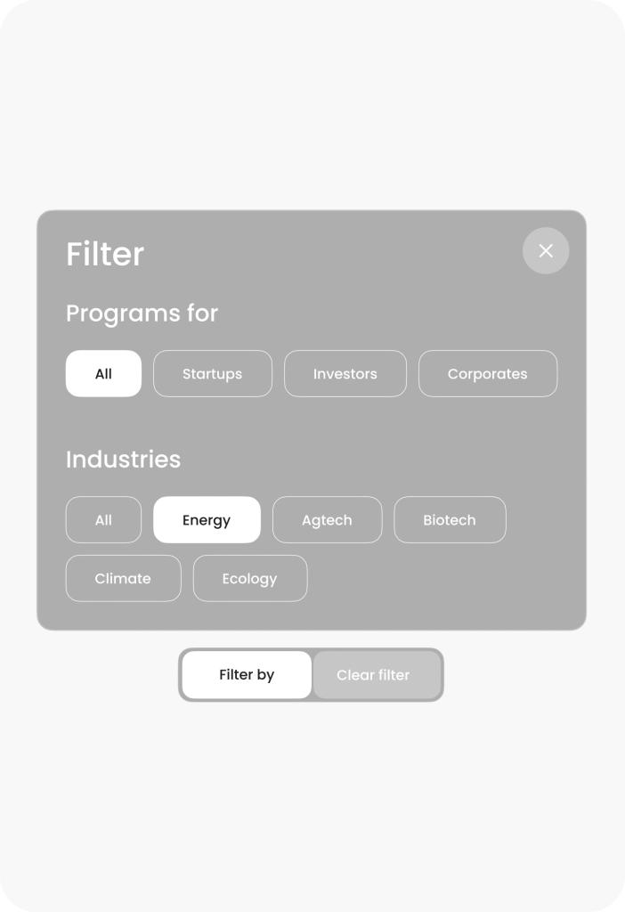 Explore expertly crafted filter menu, designed by Webgamma UX Agency, with seamless options for programs and industries like energy and climate. Enhanced website design for Cycle Momentum ensures intuitive buttons for filtering and clearing selections to optimize browsing experience.