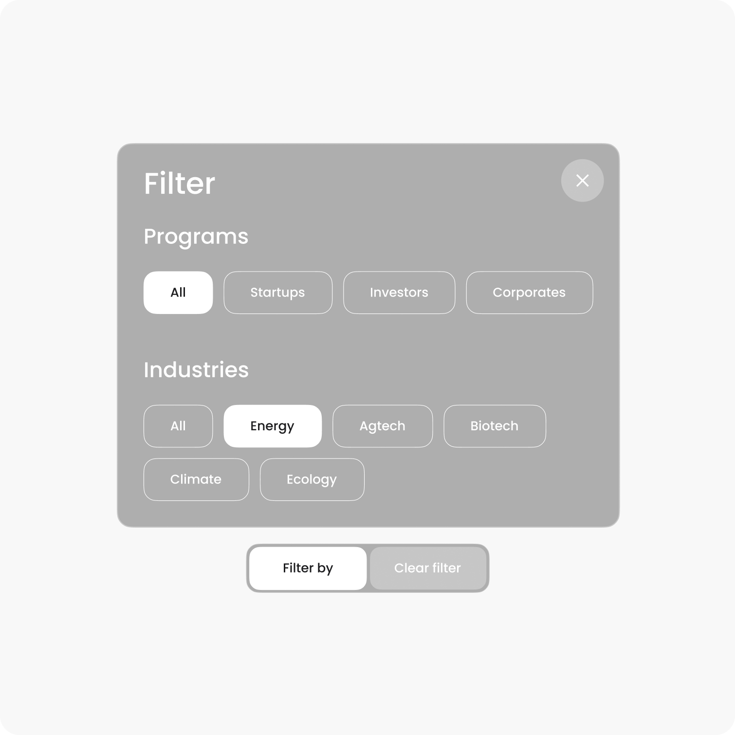 Explore expertly crafted filter menu, designed by Webgamma UX Agency, with seamless options for programs and industries like energy and climate. Enhanced website design for Cycle Momentum ensures intuitive buttons for filtering and clearing selections to optimize browsing experience.