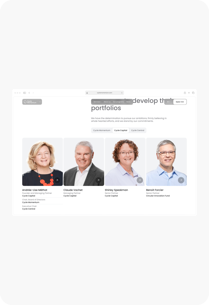 A webpage designed by Webgamma UX Agency showcases profiles of four business professionals, elegantly displaying their names and titles beneath their photos.