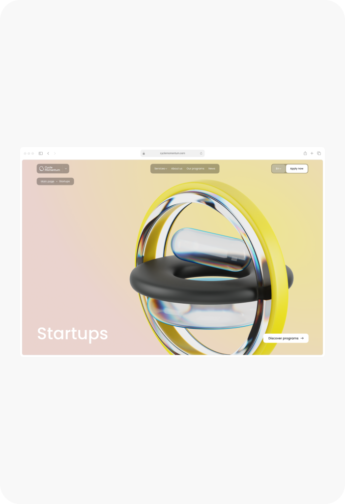 A website design by Webgamma UX Agency features abstract rings on a yellow background with the text Startups, alongside a Discover Programs button.