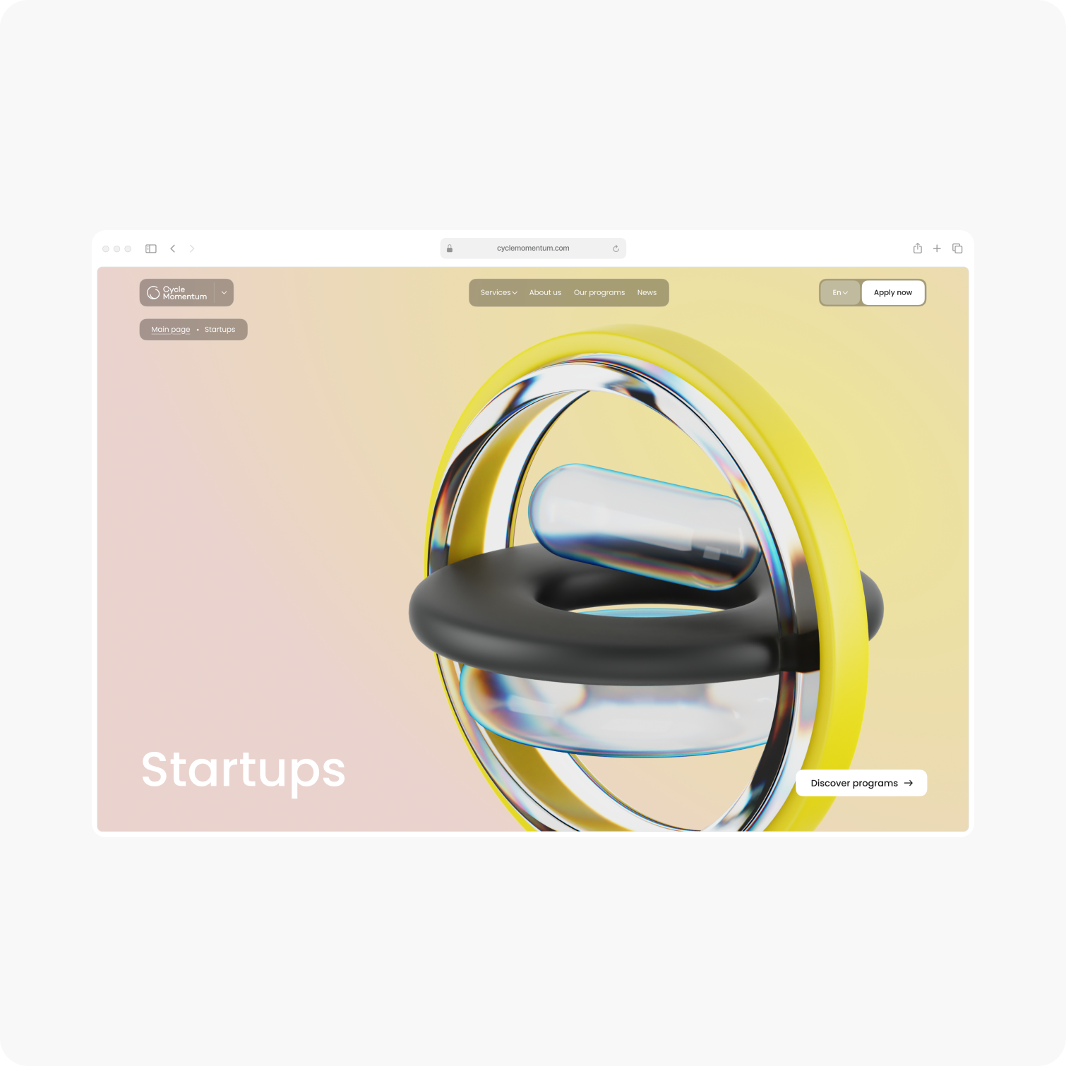 A website design by Webgamma UX Agency features abstract rings on a yellow background with the text Startups, alongside a Discover Programs button.