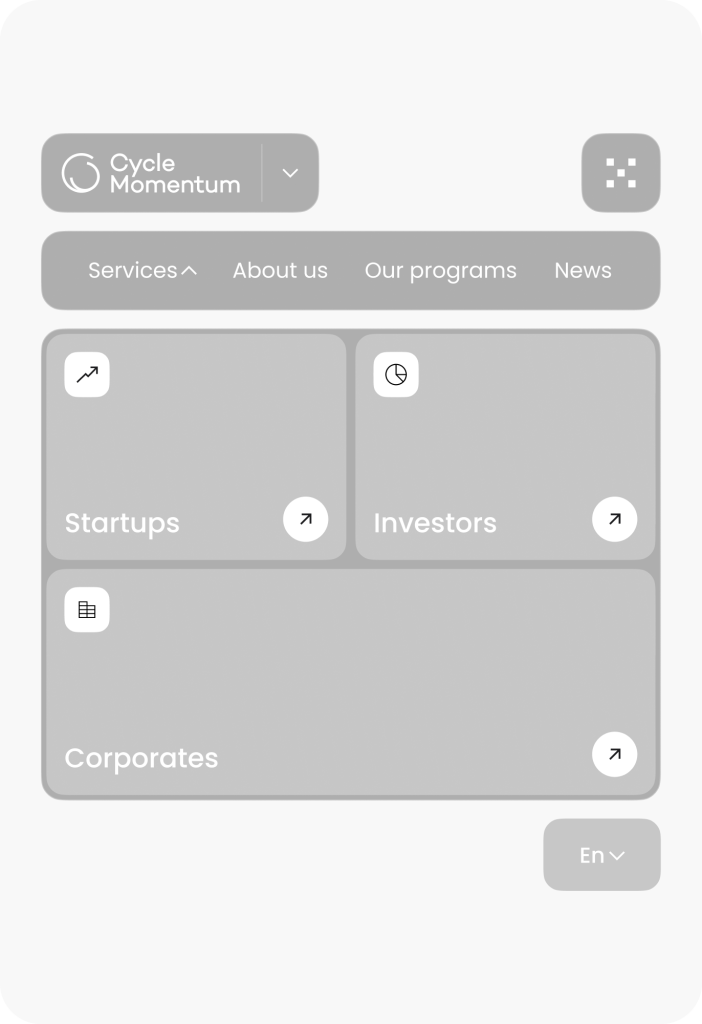 Screenshot of a website featuring menu options: Services, About Us, Our Programs, News. Sections tailored for Startups, Investors, and Corporates showcase the expertise of Webgamma UX Agency's impeccable website design skills.