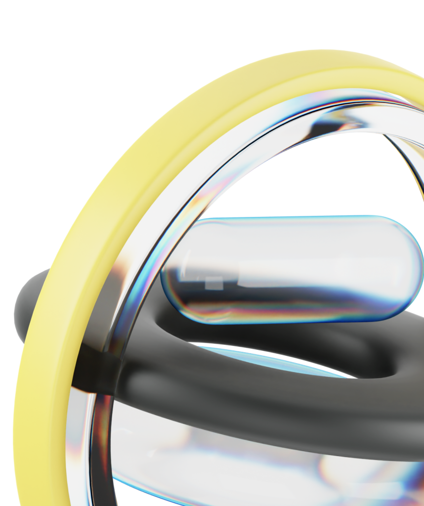 Abstract 3D composition of intersecting rings in yellow, metallic, and black with a reflective capsule inside, reminiscent of cutting-edge web design elements from Webgamma UX Agency.