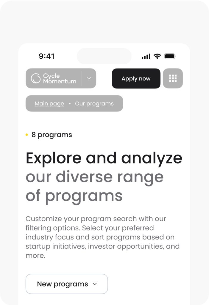 The mobile interface elegantly showcases program exploration and search options, emphasizing startup initiatives, all crafted with the precision of Web Design expertise. Proudly brought to you by the innovative minds at Webgamma UX Agency.