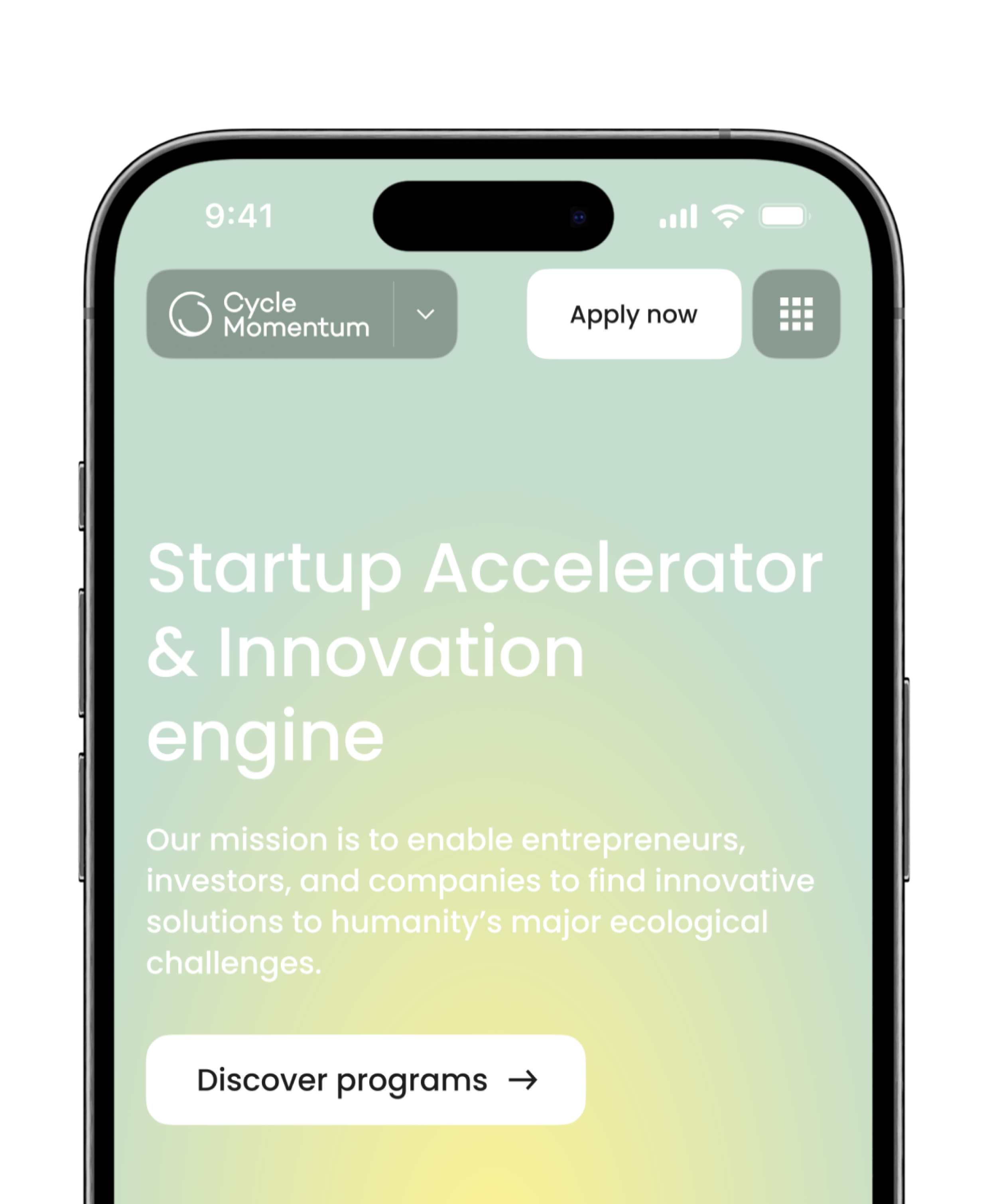 A smartphone screen showcases a startup accelerator website, beautifully crafted by Webgamma UX Agency. It features a Discover Programs button and an Apply Now option, exemplifying top-tier website design.