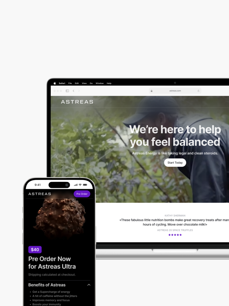 Responsive web design of the Astreas website on both desktop and smartphone, featuring a sleek purple and black theme crafted by top Hamilton experts in website design.