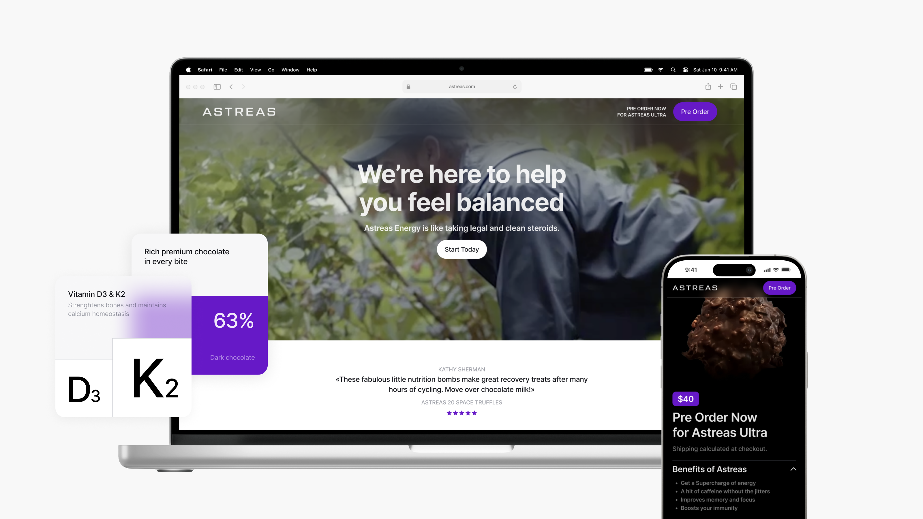 Responsive web design of the Astreas website on both desktop and smartphone, featuring a sleek purple and black theme crafted by top Hamilton experts in website design.