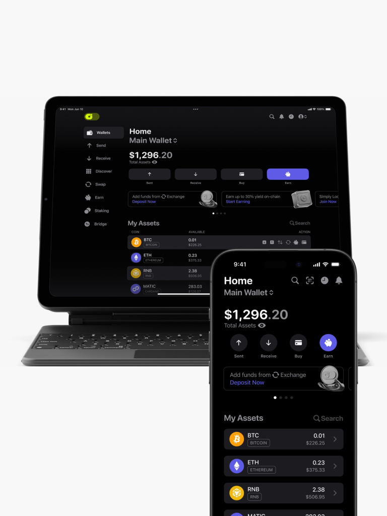 A tablet and a smartphone showcasing a cryptocurrency wallet interface with asset balances and transaction options, crafted by a leading website design agency in Vancouver.