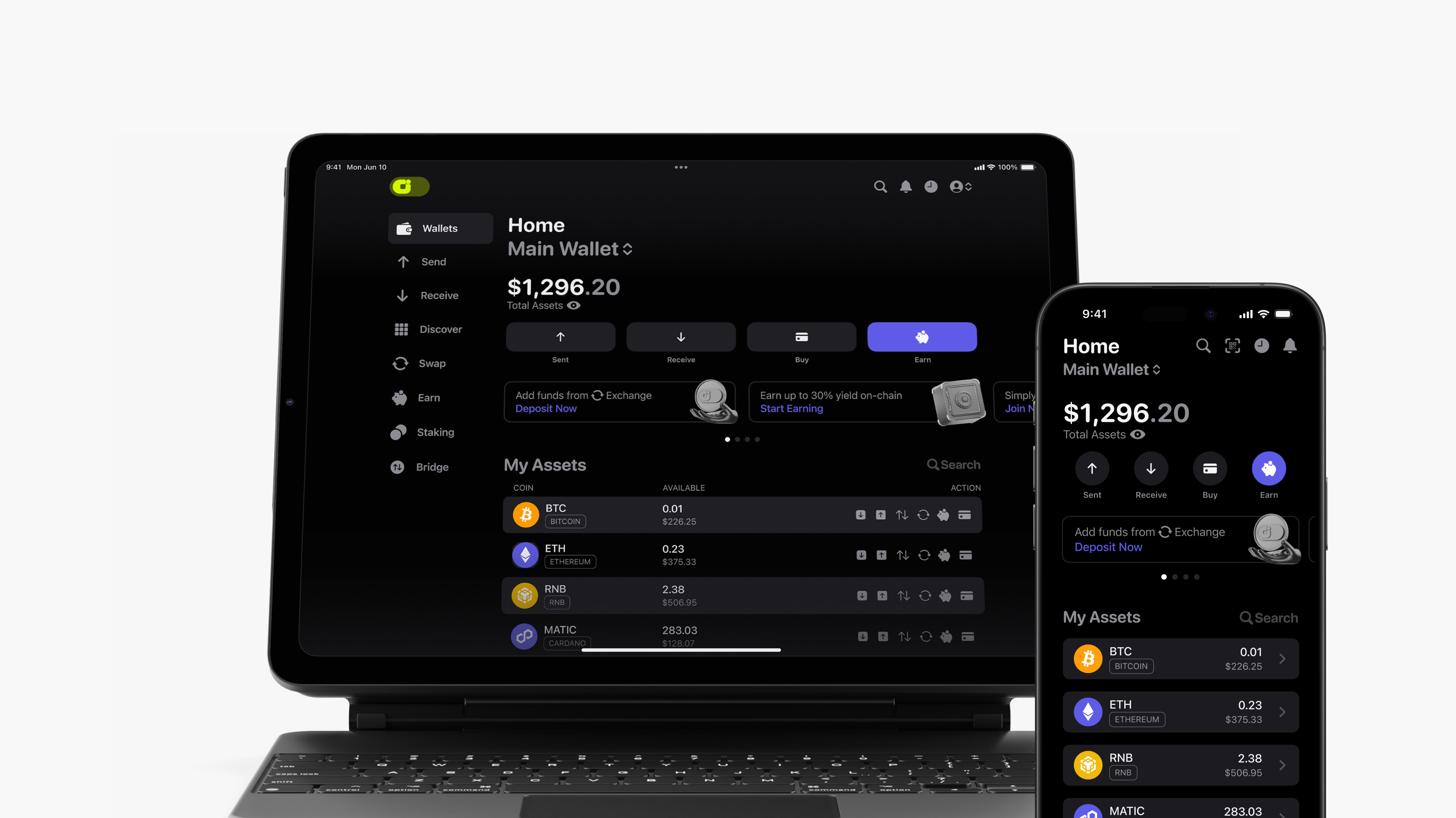 A tablet and a smartphone showcasing a cryptocurrency wallet interface with asset balances and transaction options, crafted by a leading website design agency in Vancouver.