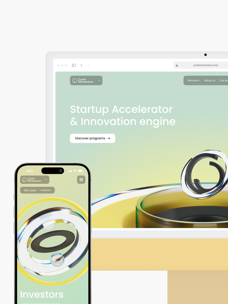 The homepage of a startup accelerator is showcased on both website and mobile devices, featuring a circular logo with a green-yellow gradient. This design was crafted by a top-rated website design agency in Edmonton, blending innovation with aesthetic appeal.