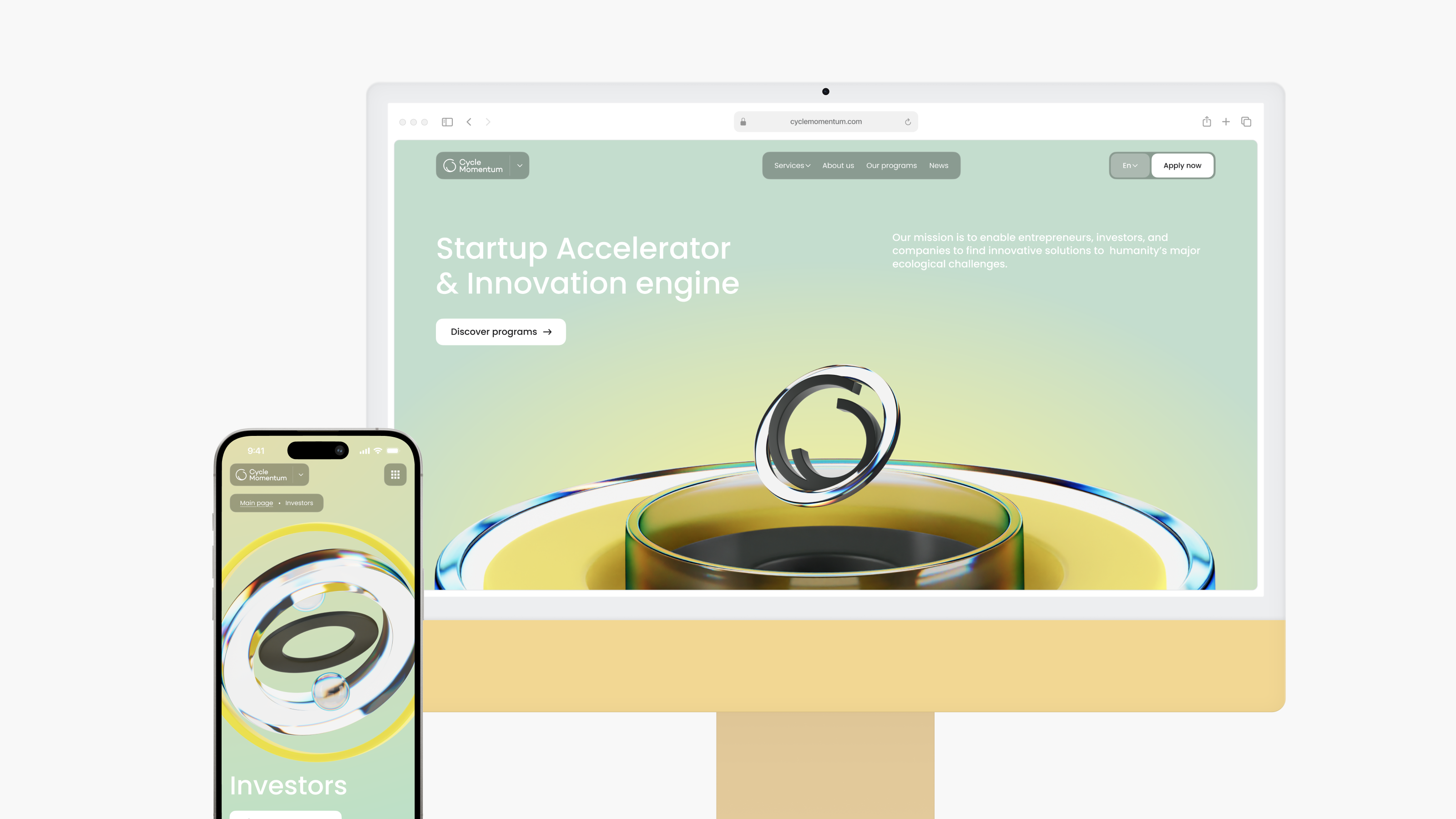 The homepage of a startup accelerator is showcased on both website and mobile devices, featuring a circular logo with a green-yellow gradient. This design was crafted by a top-rated website design agency in Edmonton, blending innovation with aesthetic appeal.