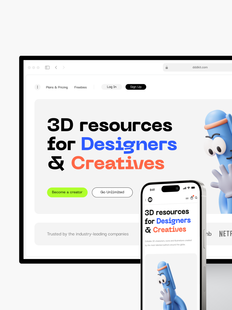 A webpage displayed on desktop and smartphone screens showcases a 3D assets marketplace, designed by Webgamma, a top-rated website design agency in Montreal.