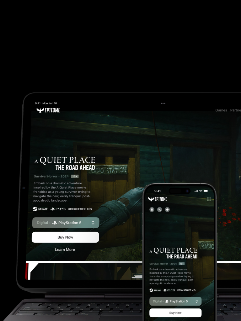 A laptop and smartphone display a game development website, designed by Webgamma, a leading website design agency in Hamilton, featuring a sleek, dark interface.