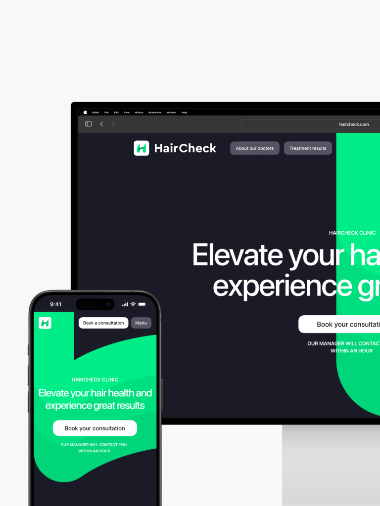 Experience the responsive design of the HairCheck website on both desktop and smartphone, featuring a sleek green and black theme crafted by Webgamma, your top experts in website design in Calgary.