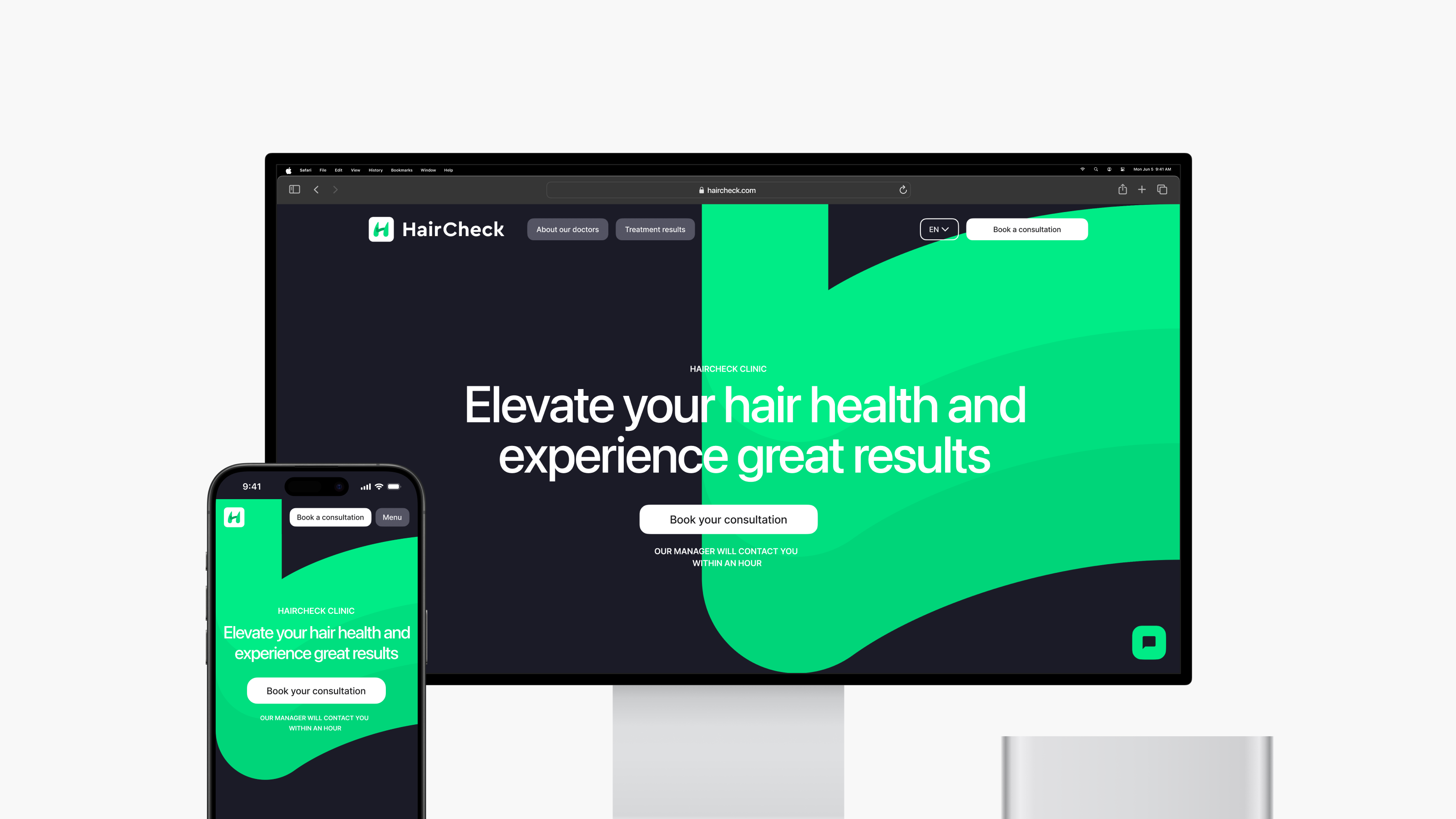 Experience the responsive design of the HairCheck website on both desktop and smartphone, featuring a sleek green and black theme crafted by Webgamma, your top experts in website design in Calgary.