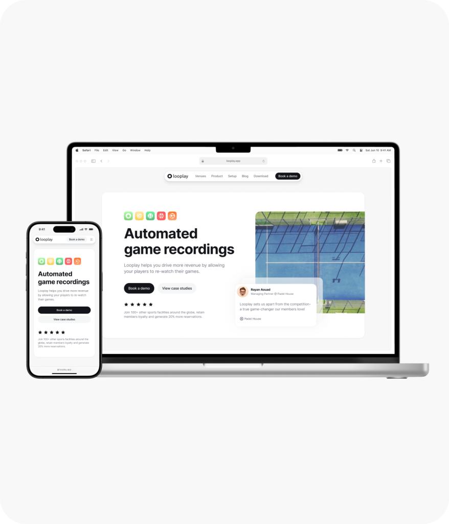 A smartphone and laptop showcase a website design for Looplay, an automated game recording technology, crafted by Webgamma, a leading website design company in Edmonton. The website features a clean and modern user interface.