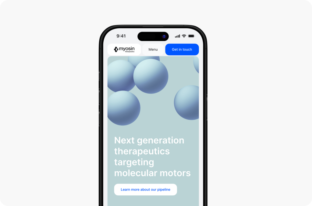 A smartphone screen showcases a professionally crafted Myosin Therapeutics website, designed by a top website design agency in Montreal. It features 3D blue spheres and detailed text on the therapeutic targeting of molecular motors.