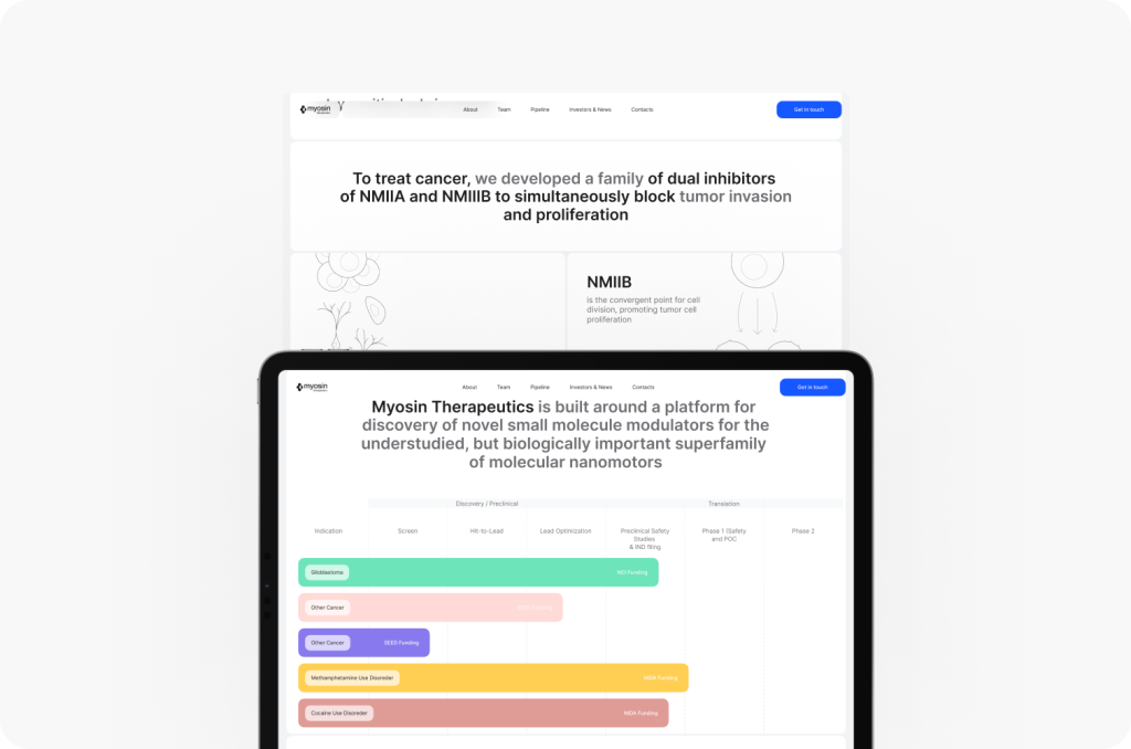 A tablet showcasing a vibrant web design, featuring a colorful timeline and text about Myosin Therapeutics, set against a clean white background, crafted by a leading website design agency in Calgary.