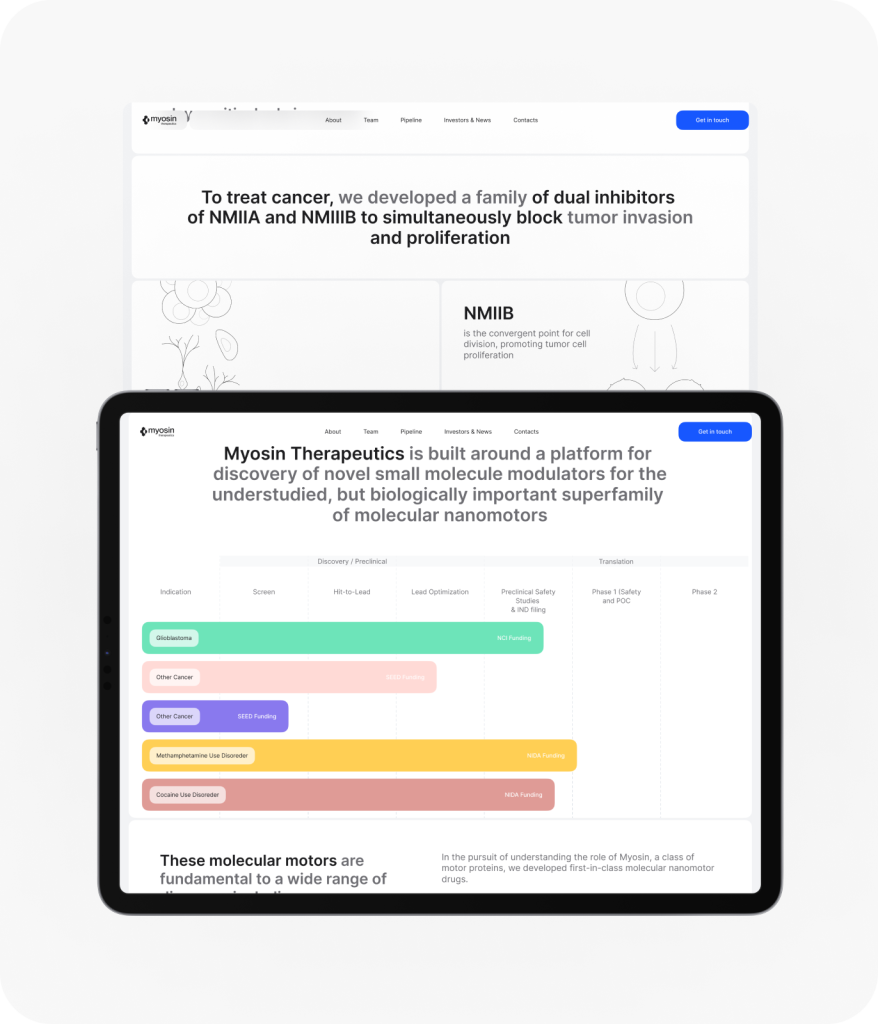 A tablet showcasing a vibrant web design, featuring a colorful timeline and text about Myosin Therapeutics, set against a clean white background, crafted by a leading website design agency in Calgary.