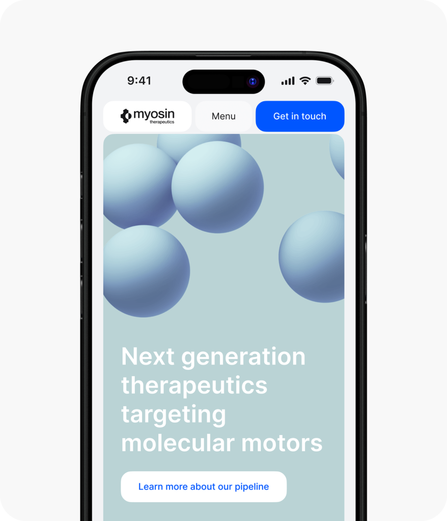 A smartphone screen showcases a professionally crafted Myosin Therapeutics website, designed by a top website design agency in Montreal. It features 3D blue spheres and detailed text on the therapeutic targeting of molecular motors.