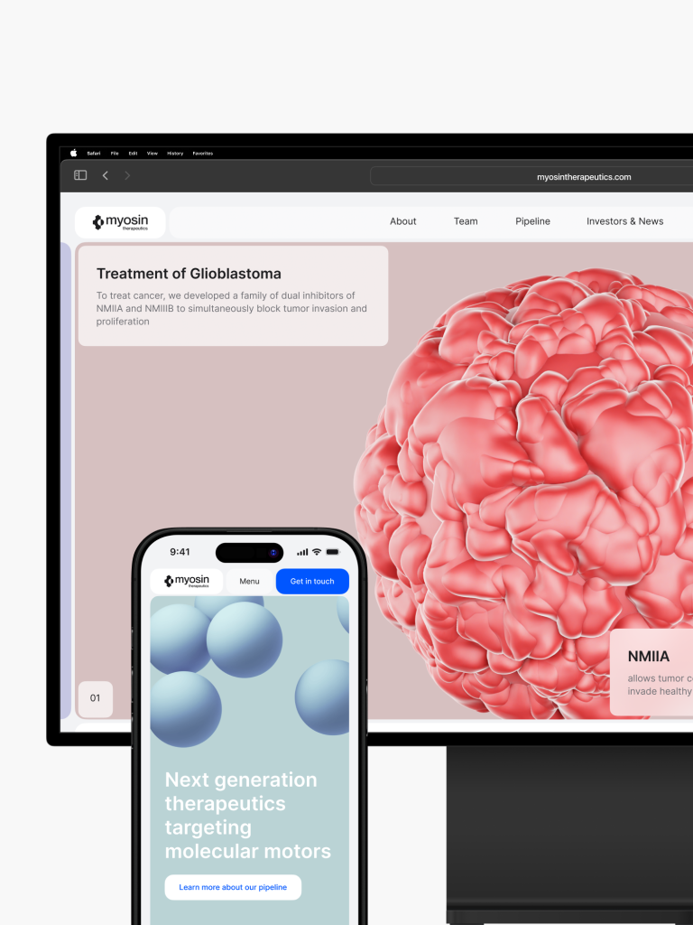 A smartphone and monitor display a glioblastoma treatment website featuring 3D illustrations. The Myosin Therapeutics website was designed by Webgamma, a top website design agency in Edmonton.