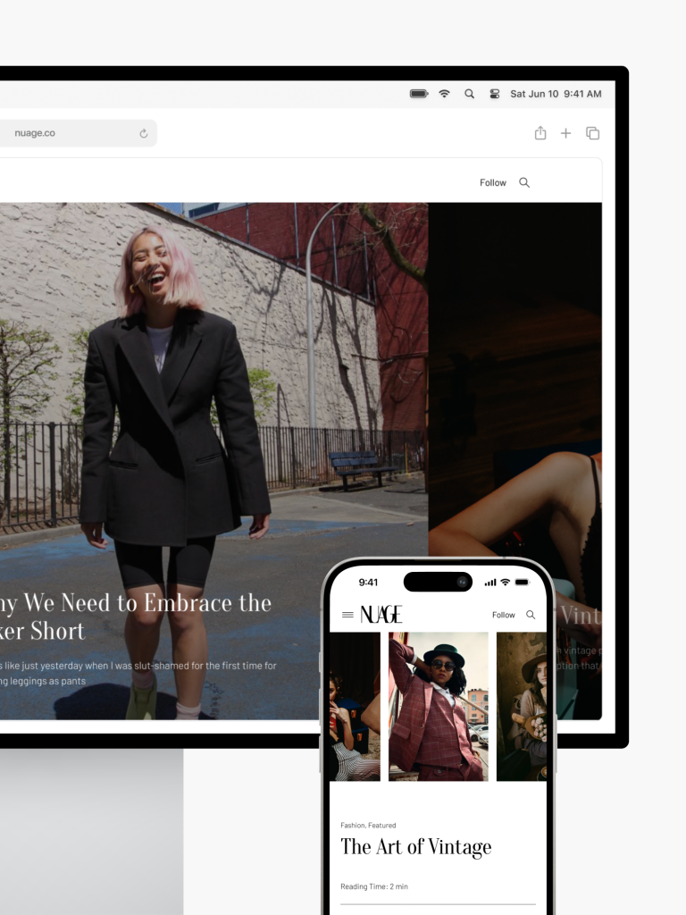A computer and smartphone display the Nuage website, showcasing fashion articles and images, professionally crafted by Webgamma, your website design partner in Richmond.