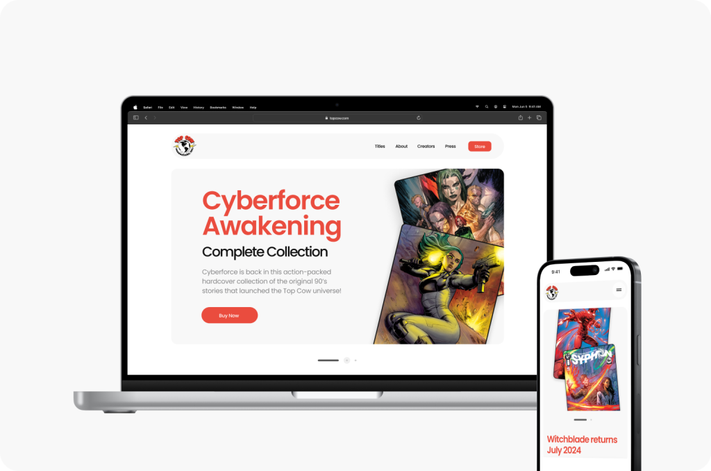 A laptop and smartphone showcase a comic book website, designed by an award-winning website design agency in Ottawa, featuring stunning artwork and purchase details.