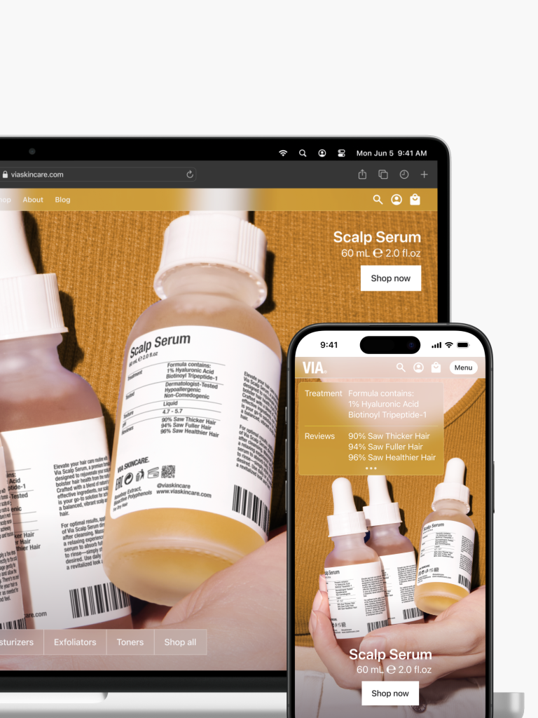 A laptop and smartphone display a website designed by Webgamma, a top website design agency in Calgary, showcasing scalp serum bottles with detailed descriptions.