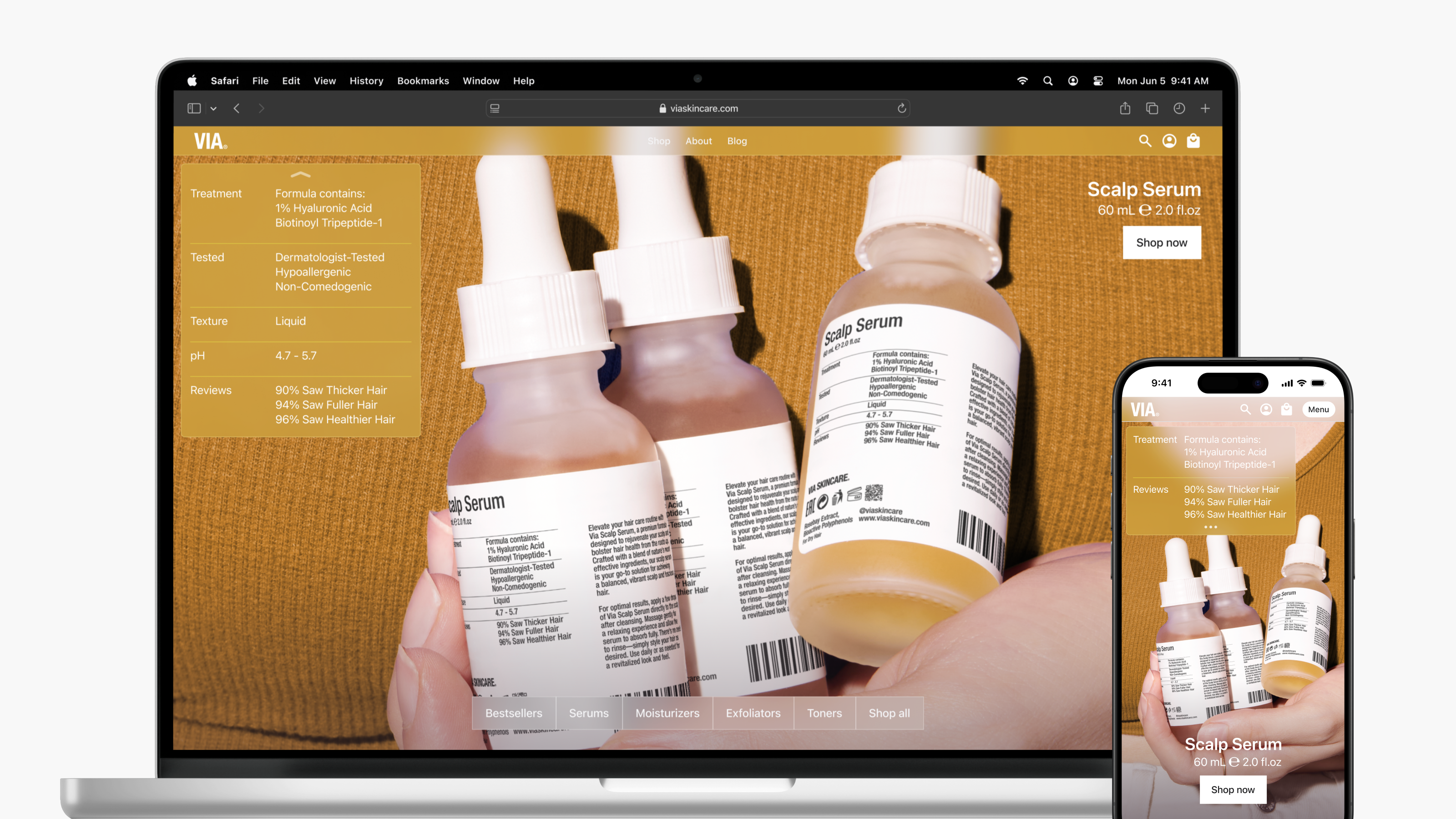 A laptop and smartphone display a website designed by Webgamma, a top website design agency in Calgary, showcasing scalp serum bottles with detailed descriptions.