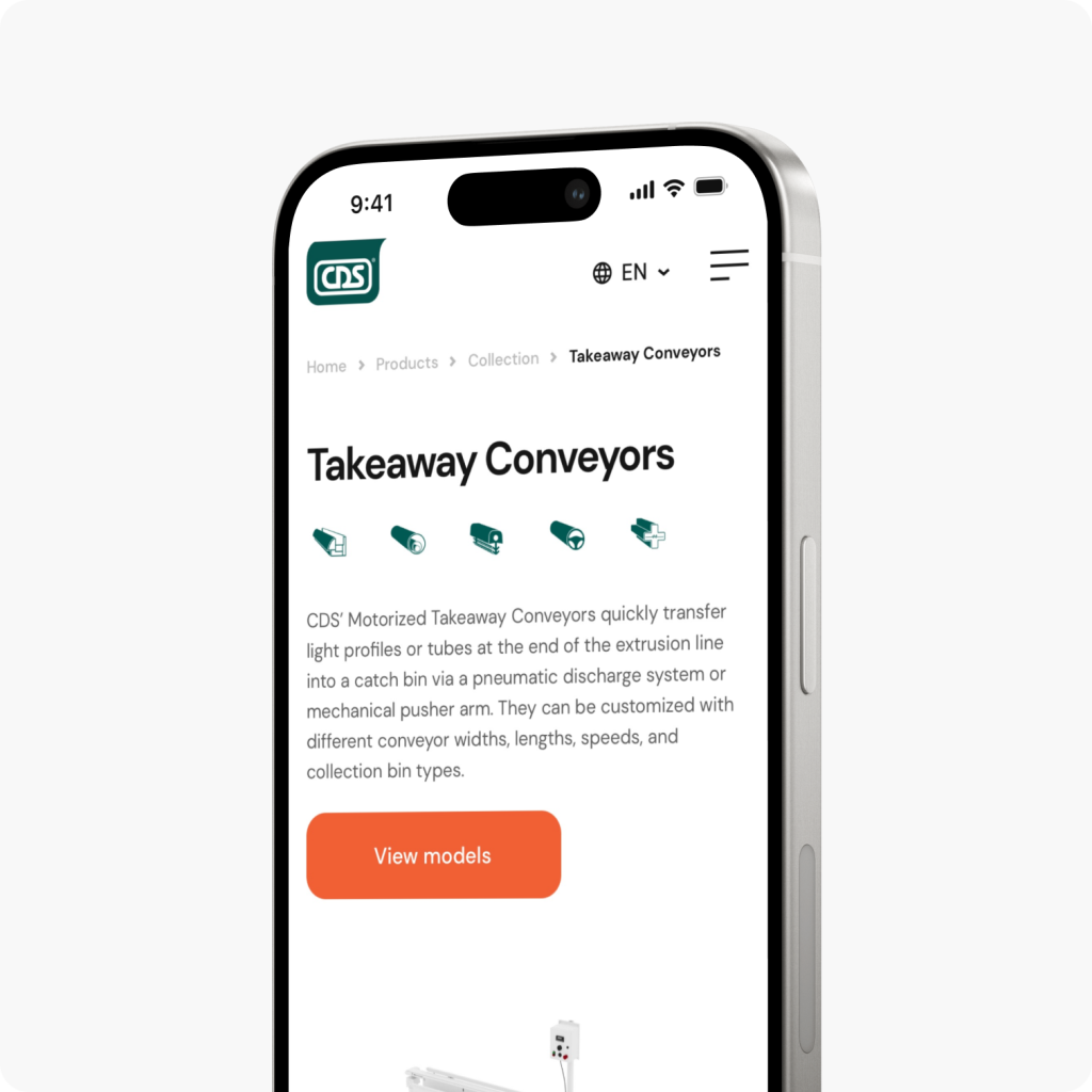 Smartphone displaying a webpage about CDS Takeaway Conveyors with a View models button.