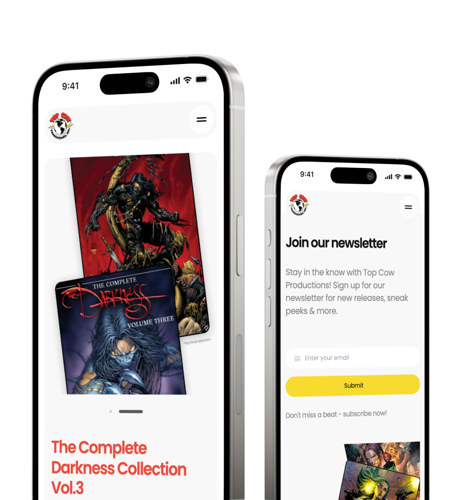 Smartphones displaying a website with comic book imagery and a newsletter signup form.