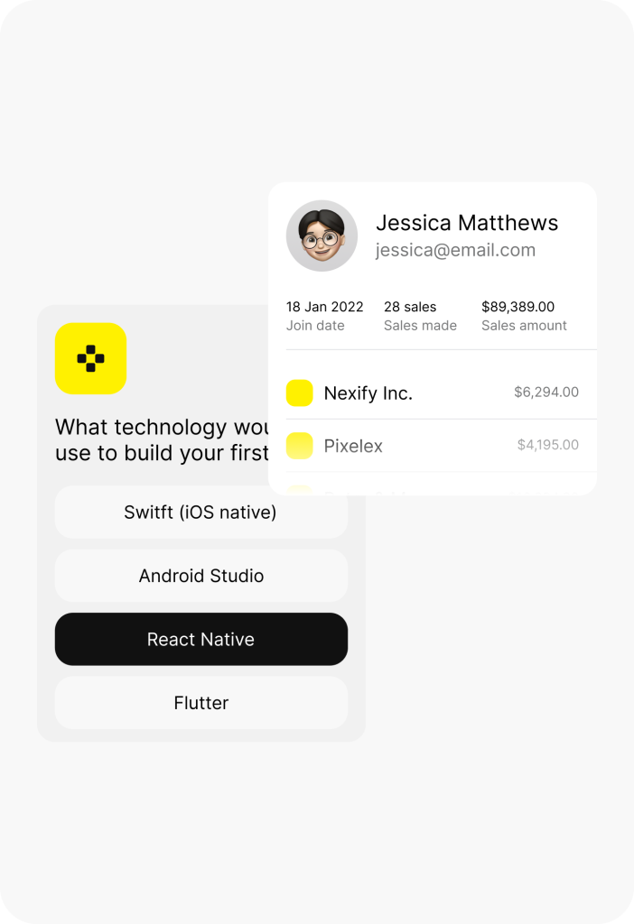 User interface showing a technology selection menu and a pop-up with a profile including name, email, join date, sales made, and list of companies with sales amounts. Research repository.